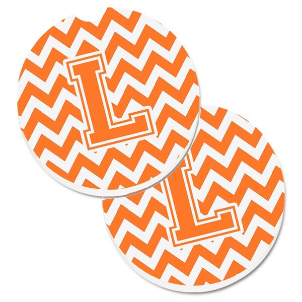Carolines Treasures Letter L Chevron Orange and White Set of 2 Cup Holder Car Coaster CJ1046-LCARC - main